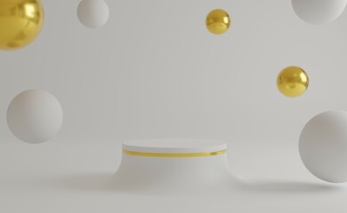 3d rendering of a modern unusual platform for the presentation of goods, clothing, shoes, jewelry, cosmetics. White podium with golden elements and spheres