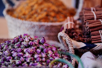 Exotic colorful spices on moroccan street market.