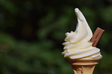 Whipped vanilla ice cream in a wafer cone with a choloate flake. A tradition British ice cream cone 