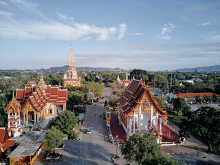Fototapeta premium Drone shot of The Wat Chalong Buddhist temple in Chalong, Phuket, Thailand.