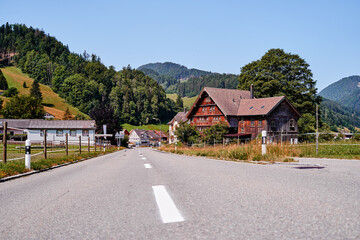 Obraz premium Travel by Switzerland. Swiss architecture. Ancient wooden house.
