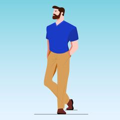 a man with a mustache and beard, in a blue shirt and beige trousers