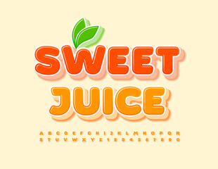 Vector tasty emblem Sweet Juice with decorative Leaves. 3D orange Font. Glossy creative Alphabet Letters and Numbers set