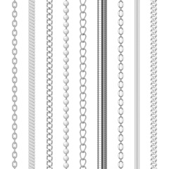 Collection realistic silver chains and necklaces different shape vector illustration metal chainlet
