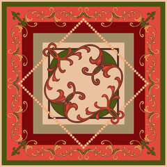 Silk scarf or kerchief Rococo style vector frame design. Floral vintage shawl background - 493791560