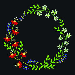 frame of flowers. flower wreath. beautiful red and green leaves 