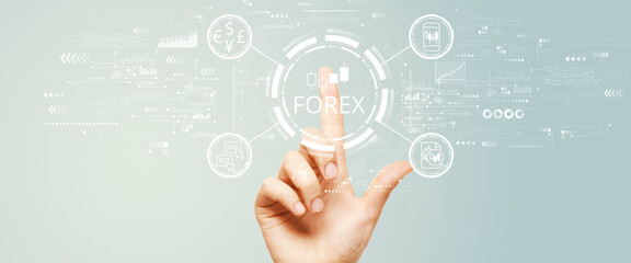 Forex trading concept with hand pressing a button on a technology screen