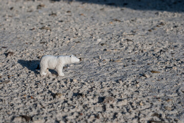 A figurine of a toy polar bear stands on the sand. The effect of global warming in miniature