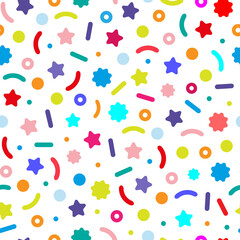 Bright colorful multicolored small geometric shapes isolated on white background. Confetti. Cute colorful seamless pattern. Vector simple flat graphic illustration. Texture.