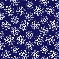 Beautiful white ink contour linear flowers isolated on dark blue background. Cute monochrome floral seamless pattern. Vector simple flat graphic hand drawn illustration. Texture.