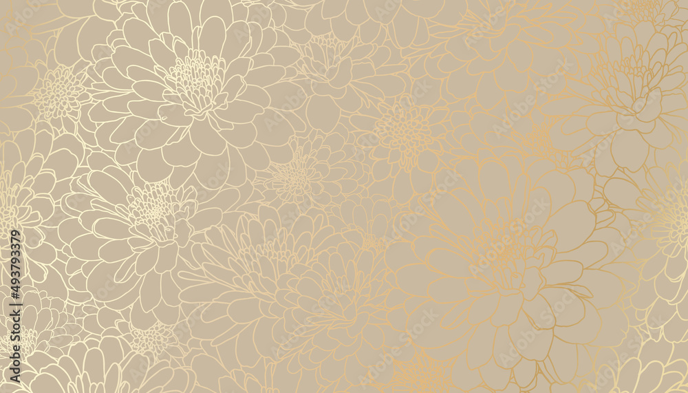 Digital vector illustration - golden chrysanthemum flowers in hand drawn line art on beige background. Luxurious art deco wallpaper design for print, poster, cover, banner, fabric, invitation.
