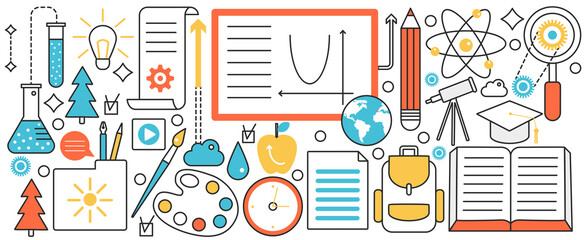 School, university or college technology of study. Training process of student in library with books, lesson or online literature, distance education infographic concept banner, thin line art design
