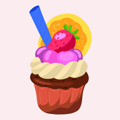 Brownie with custard, cherries, strawberries, orange slice and stick