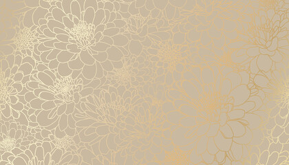 Fototapety  Digital vector illustration - golden chrysanthemum flowers in hand drawn line art on beige background. Luxurious art deco wallpaper design for print, poster, cover, banner, fabric, invitation.