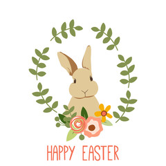 Rabbit with flowers, green branches and the inscription Happy Easter on a white background