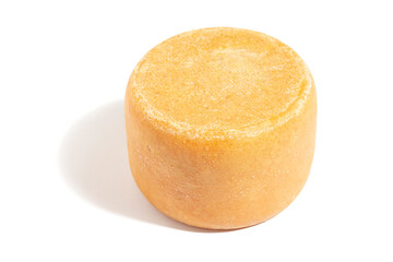 A truckle of farmhouse aged cheese. Isolated on white background.