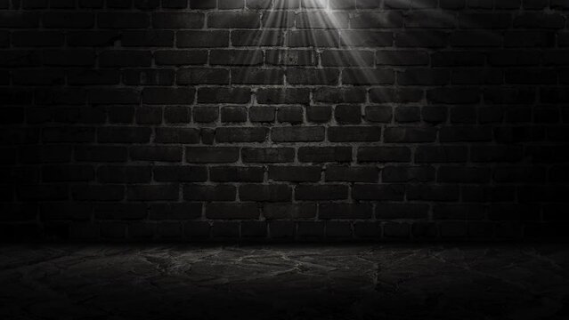 A black brick wall, a concrete floor and a flickering lantern, an unsettling dark background. Looped video