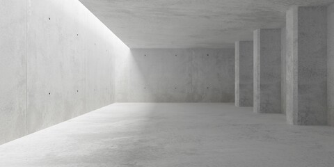 Abstract empty, modern concrete walls room with top light from left and wide pillars on right wall - industrial interior background template