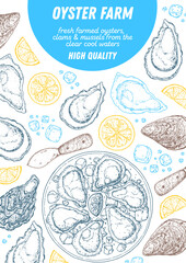 Oysters and oysters dish with lemon and ice sketch. Hand drawn vector illustration. Top view. Design template. Food menu.