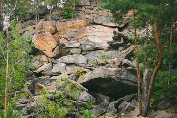 Fototapeta premium Stone rocks. Large stones in a coniferous forest. Granite quarry. Abandoned industrial production.