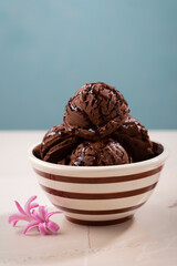 Close up of chocolate ice cream scoops gelato