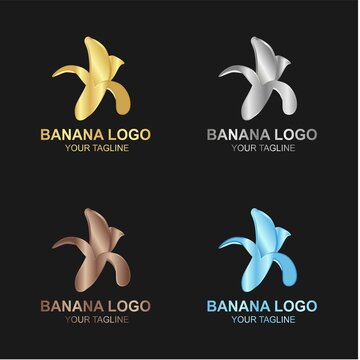 Vector set of luxury gold banana logo on black background, and also in color, silver, bronze and diamond