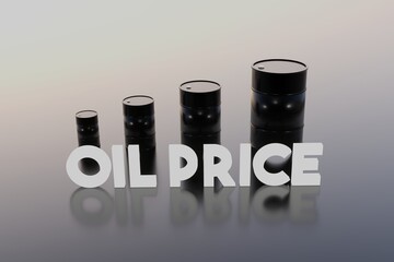 Oil price rising concept with oil barrels in a row representing higher prices. 3D rendering illustration