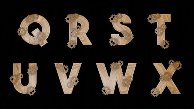 Set of steampunk letters with gear wheels. Charachters made of wood. 3D render illustration.