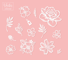 Fototapeta na wymiar Collection of simple cute flowers. Simple flora for kids. Vector collection silhouette. Template for laser cut. Papercut template