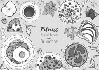 Breakfasts and brunches top view frame. Food menu, design. Vintage hand drawn sketch, vector illustration. Engraved style.