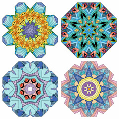Hand drawn zentangle set of 4 color mandalas for decoration