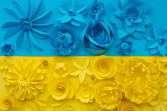 Background Of The National Flag Of Ukraine, Made Of Paper Flowers.