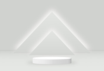 Abstract 3D rendering White base cylinder podium studio with triangle light on the wall. Geometric shape object illustration for banner, poster, and wallpaper. Display for product.