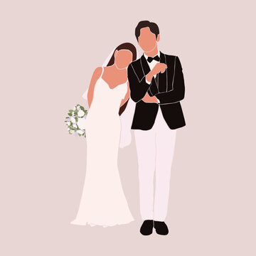 Abstract silhouette of wedding couple groom and bride. Woman with bouquet and man portrait. Invitation card. Wedding ceremony. Marriage people vector illustration. Newlyweds poster wall print decor