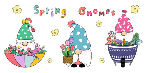 Spring Gnomes Set Design colorful doodle style for cards, stickers, clothing patterns, fabric patterns, decorations, pillows, t-shirts, digital printing, kindergarten, kids, etc.