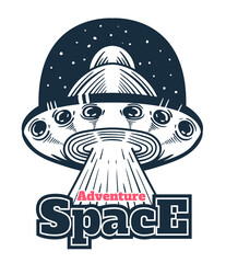 Space ufo ship badge isolated on white background design element