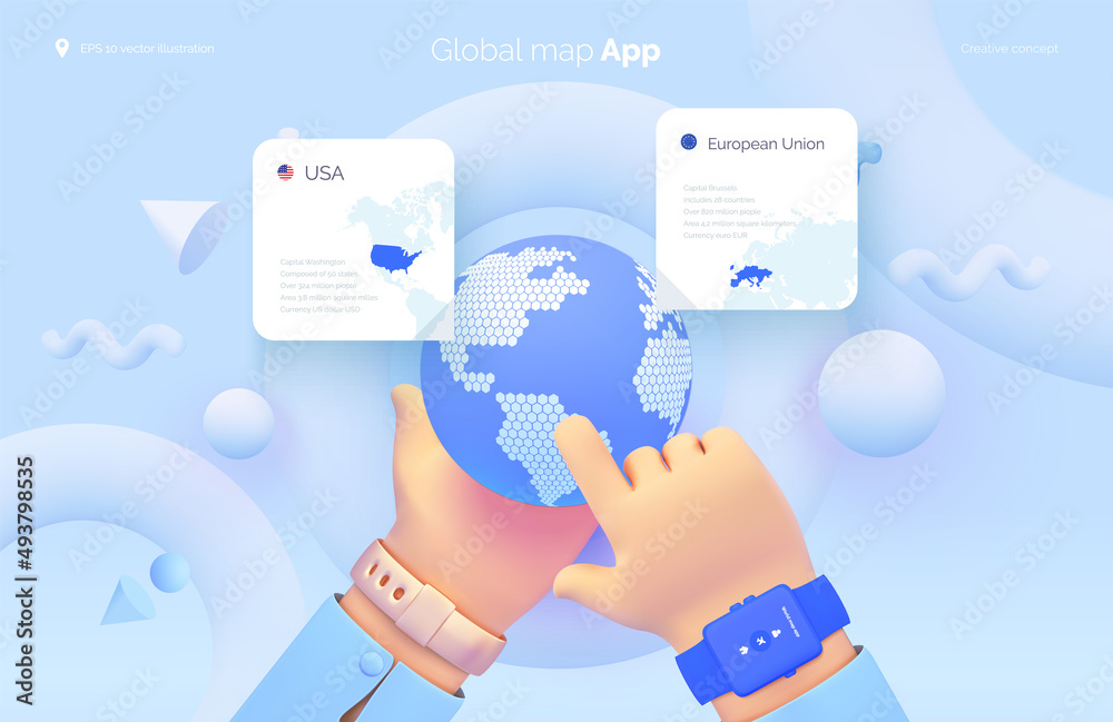 Poster the hand selects a location on the map. world map user interface. mobile application for travel and 