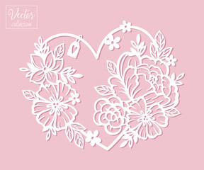 Floral heart. Vector silhouette of a heart with flowers. Botanical romantic illustration. Vector silhouette. Template for laser cut. Papercut template