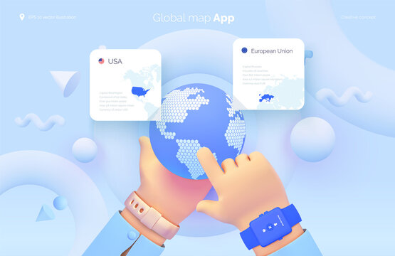The hand selects a location on the map. World map user interface. Mobile application for travel and tourism. Country statistics. Global map of the world. Vector illustration 3d style
