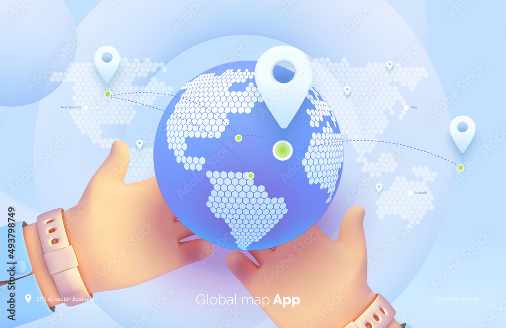 Poster hands hold a globe. world map user interface. selecting a location on the map. mobile application fo