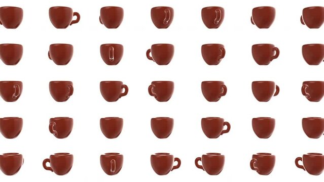 3d abstract motion background with rotated coffee or tea cup. Cartoon realistic style loop animation pattern. Modern minimalistic composition art for food and drink project