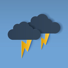 Paper cut of clouds and lightning on purple dark background. Vector illustration