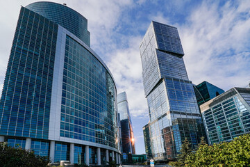 Plakat Skyscrapers in the business center, financial district, sunny day, blue sky, empty space, Moscow city, Russia.
