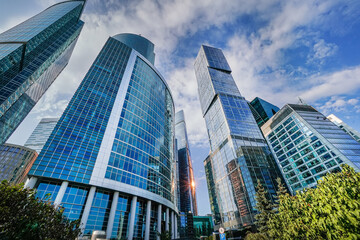 Skyscrapers in the business center, financial district, sunny day, blue sky, empty space, Moscow city, Russia.