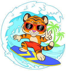 Cool tiger surfer rides a sea wave. Summer sport theme. Vector illustration isolated