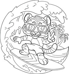 Cartoon tiger surfer rides a sea wave. Isolated vector outline for coloring page