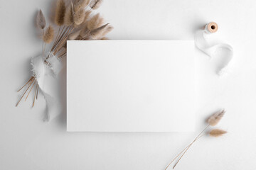 Wedding stationery invitation card mockup 7x5 on white background with boho decor, feminine blog,...