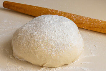 Closeup floured dough for tasty bakery on light table background.