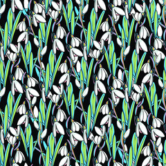 
Vector pattern of lilies of the valley. Seamless illustration of spring flowers for printing on textiles, a blank for designers, clothes