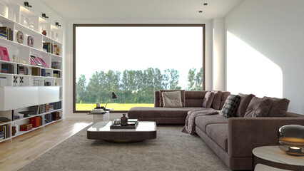 Illustration 3D rendering large luxury modern bright interiors Living room mockup computer digitally generated image